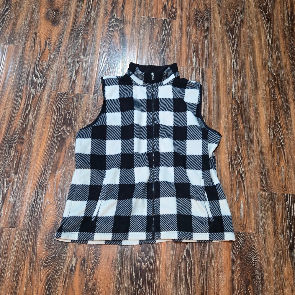 Chaps 2X Fleece Vest Womens Black White Buffalo Plaid Full Zip Mock Neck Sport
